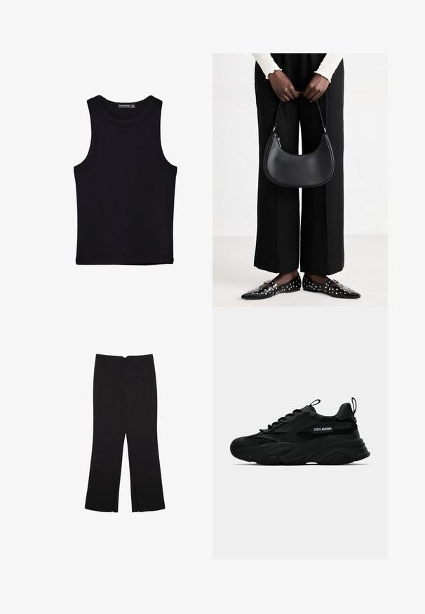 Svart linne i bomull, med rund halsringning och breda armhål. Slät yta med sydda fållar. Klassisk, minimalistisk design.; Svarta byxor med rak passform, utrustade med framfickor och sidoklyvningar vid fållen. Tillverkade av mjukt, slätt tyg. Lämpliga för olika tillfällen.; Svart Steve Madden chunky sneaker med nätpaneler, tjock sula, dragflikar på tungan och hälen, sidologotyp i text, visad i profil.; Svart läderaxelväska med rundad form, glänsande yta och silverdetaljer. Person bär svarta vida byxor och nitprydda loafers.