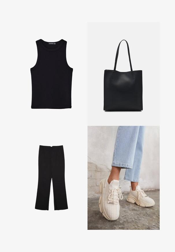 Musta hihaton paita, joka on valmistettu puuvillasta, ja jossa on pyöreä kaula-aukko sekä leveät kainaloaukot. Silkkinen pinta ja ommellut reunat. Klassinen, minimalistinen muotoilu.; Mustat housut suoralinjaisella leikkauksella, joissa on etutaskut ja sivurei'ät helman alla. Valmistettu pehmeästä ja sileästä kankaasta. Sopii eri tilaisuuksiin.; Beige neuleurheilukengät, joissa on teksturoitu päällinen, pyöreä kärki, paksu pohja ja koristeelliset nauhat, yhdistettyinä vaaleansinisiin lyhennettyihin farkkuihin.; Mustapahkainen kangaskassi, jossa on sileä pinta, suorakaiteen muotoinen ja kaksi pitkää kahvaa. Ei näkyvää metalliosaa tai koristeita.