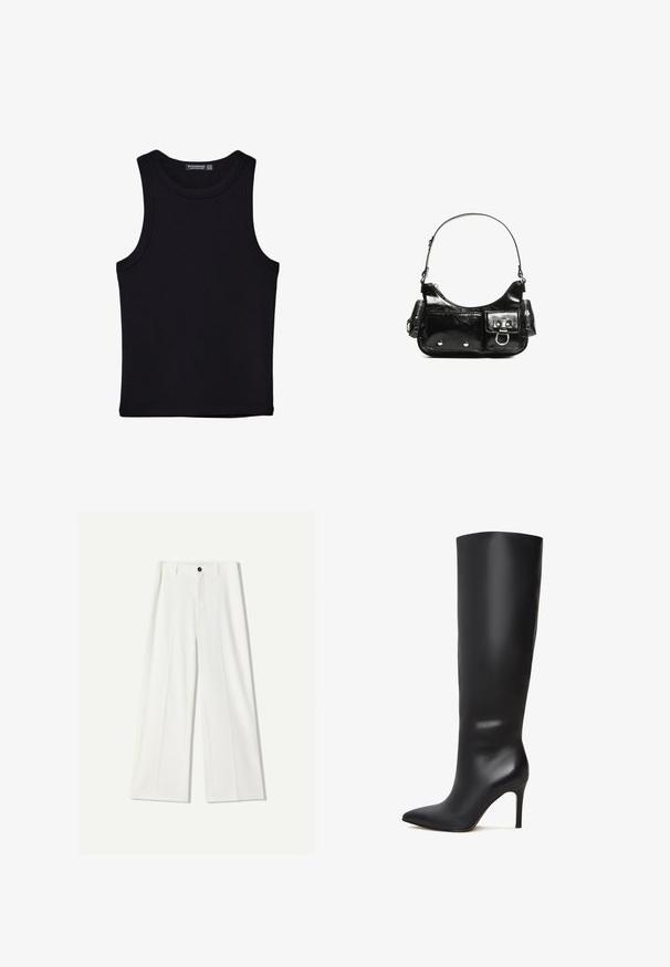 Crni top bez rukava od pamuka, s okruglim izrezom i širokim izrezima za ruke. Glatka tekstura s ušivenim rubovima. Klasičan, minimalistički dizajn.; Bijele široke hlače napravljene od glatkog materijala, s prednjim dugmadi i naborima. Ravni dizajn sprijeda, bez vidljivih džepova.; Crne kožne čizmice do koljena na štiklu s oštrim vrhom i glatkom, sjajnom površinom. Imaju visoku, vitku petu koja produžava siluetu.; Crna patentna kožna torba s zakrivljenim oblikom, jednim remenom za rame, prednjim džepovima i akcentima od srebrnog tona.