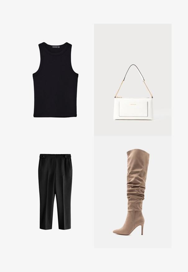 Črna majica brez rokavov iz bombaža, z okroglim izrezom in širokimi odprtinami za roke. Gladka tekstura s šivi na robovih. Klasičen, minimalističen dizajn.; Črne skrajšane hlače z ohlapnim krojem, elastičnim pasom in dvema sprednjima žepoma. Tkanina ima gladko teksturo z rahlo sijočim zaključkom.; Bež višeg čizma od lažne zamštine s opuštenim dizajnom, šiljastim nosom i štiklom od 10 cm. Glatka tekstura i minimalistički stil.; Bela usnjena torbica z teksturirano površino, ki vključuje zlat pas in črne detajle. Ima sprednji žep in zadrgo.; Kremne rukavice iz volne z rebrastimi manšetami, ki imajo na vrhu manšet po dva okrasna zlata gumbka. Mehka tekstura z odprtinami za prste.