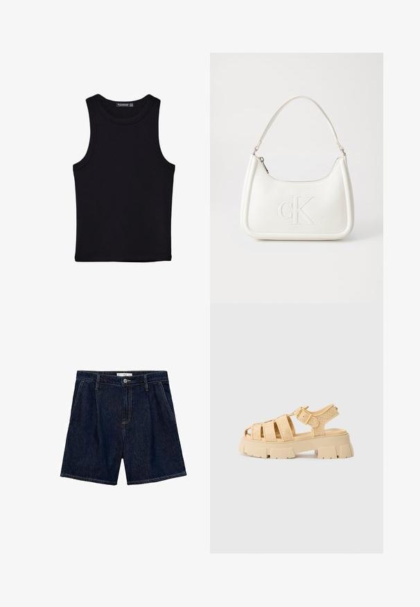 Black tank top made of cotton, featuring a round neckline and wide armholes. Smooth texture with stitched hems. Classic, minimalist design.; Dark blue denim shorts with a high waist, featuring two side pockets and a front button closure. Smooth texture and casual design.; Beige platform sandals with woven straps and a buckle. Chunky sole with textured finish. Open toe design. Lightweight and casual.; White leather handbag with a curved shape, featuring an embossed "CK" logo on the front and a single shoulder strap. Zipper closure at top.