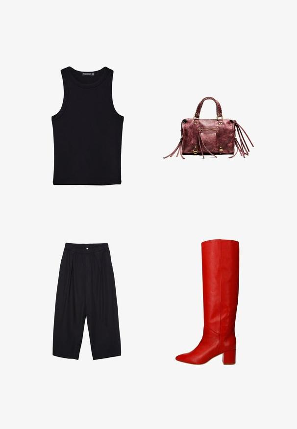 Black tank top made of cotton, featuring a round neckline and wide armholes. Smooth texture with stitched hems. Classic, minimalist design.; Black polyester culotte pants with an elastic waistband, two front pleats, and a loose silhouette. No visible patterns or hardware details.; Red leather knee-high boot with a pointed toe and chunky block heel, featuring a smooth texture and clean, modern design.; Maroon leather handbag with braided handles, fringe accents, and gold hardware. Features a front zip pocket and textured surface.
