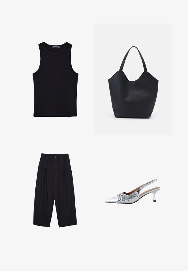 Canotta nera in cotone, caratterizzata da un colletto rotondo e ampi giromanica. Texture liscia con orli cuciti. Design classico e minimalista.; Pantaloni culotte neri in poliestere con una cintura elastica, due pieghe frontali e una silhouette ampia. Nessun motivo visibile o dettagli in metallo.; Décolleté slingback argentate con punta affusolata, finitura metallica testurizzata e un accento decorativo a fiocco. Presenta un sottile tacco kitten.; Borsa tote nera realizzata in pelle liscia, con una parte superiore curva e aperta, dotata di due manici per spalla e un design minimalista.