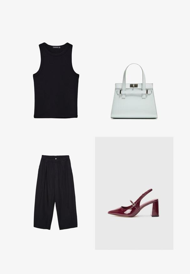 Čierny tank top vyrobený z bavlny, s okrúhlym výstrihom a širokými ramienkami. Hladká textúra so zošitými okrajmi. Klasický, minimalistický dizajn.; Čierne polyesterové culotte nohavice s elastickým pásom, dvoma prednými záhybmi a voľným strihom. Žiadne viditeľné vzory ani detaily z kovu.; Bordové lakované žabky na podpätku s špicatou špičkou a stredným blokovým podpätkom. Majú pracku a hladký lesklý povrch.; Svetlomodrá kabelka so štruktúrovaným dizajnom, dvomi uchami a striebornou kovovou prackou. Textúrovaný materiál a ostré rohy.