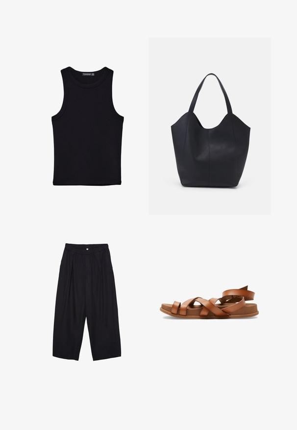 Černý top na ramínka vyrobený z bavlny, s kulatým výstřihem a širokými průramky. Hladká textura s prošitými lemy. Klasický, minimalistický design.; Černé polyesterové culotte kalhoty s elastickým pasem, dvěma předními sklady a volným siluetou. Žádné viditelné vzory ani kovové detaily.; Hnědé kožené sandály s křížovými popruhy, plochou podrážkou a mírně vyvýšeným podpatkem. Měkká textura a minimalistický design.; Černá taška přes rameno vyrobená z hladké kůže, s zakřiveným, otevřeným vrchem a dvěma ramenními popruhy, s minimalistickým designem.