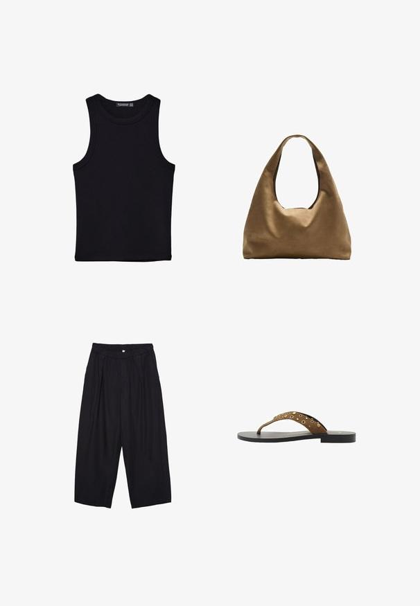 Čierny tank top vyrobený z bavlny, s okrúhlym výstrihom a širokými ramienkami. Hladká textúra so zošitými okrajmi. Klasický, minimalistický dizajn.; Čierne polyesterové culotte nohavice s elastickým pásom, dvoma prednými záhybmi a voľným strihom. Žiadne viditeľné vzory ani detaily z kovu.; Hnedé zamšové žabky s jedným remienkom, ktorý je ozdobený zlatými nitmi, čiernou vonkajšou podrážkou, plochým dizajnom a jednoduchým, minimalistickým tvarom.; Hnedá látková taška cez rameno s širokým, zaobleným telom a veľkým vyrezaným uchom. Mäkčená textúra, minimalistický dizajn a bez viditeľného kovania.