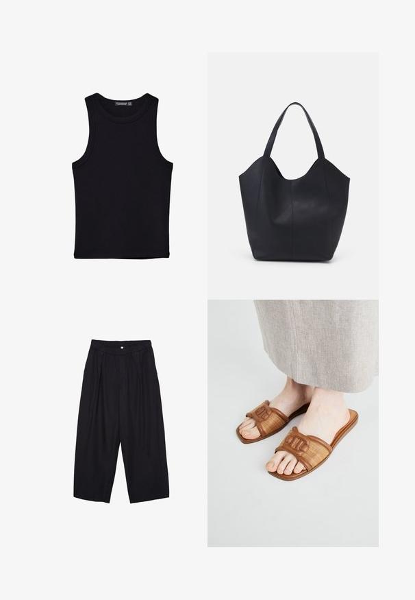 Črna majica brez rokavov iz bombaža, z okroglim izrezom in širokimi odprtinami za roke. Gladka tekstura s šivi na robovih. Klasičen, minimalističen dizajn.; Črne poliesterske culotte hlače z elastičnim pasom, dvema sprednjima nabiranjema in ohlapnim krojem. Brez vidnih vzorcev ali kovinskih detajlov.; Rjave natikače z pletenim tekstilom in gladkimi usnjenimi detajli, z ravnim podplatom in okrašenim trakom.; Črna torba v obliki tote iz gladke usnjene površine, ki ima ukrivljen odprt vrh z dvema naramnicama in minimalističnim dizajnom.