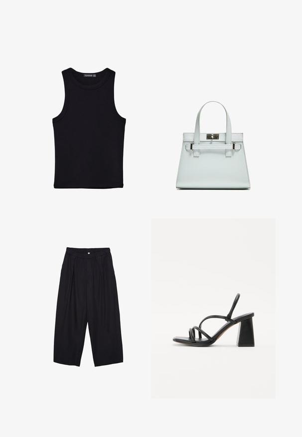 Čierny tank top vyrobený z bavlny, s okrúhlym výstrihom a širokými ramienkami. Hladká textúra so zošitými okrajmi. Klasický, minimalistický dizajn.; Čierne polyesterové culotte nohavice s elastickým pásom, dvoma prednými záhybmi a voľným strihom. Žiadne viditeľné vzory ani detaily z kovu.; Čierne sandále na podpätku so štvorcovým, masívnym podpätkom, ktoré majú viacero tenkých popruhov cez chodidlo a otvorený zadný dizajn. Hladká kožená textúra.; Svetlomodrá kabelka so štruktúrovaným dizajnom, dvomi uchami a striebornou kovovou prackou. Textúrovaný materiál a ostré rohy.