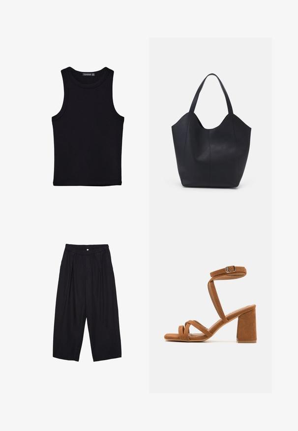 Sort tank top lavet af bomuld, med rund halsudskæring og brede armhuller. Glat tekstur med syede kanter. Klassisk, minimalistisk design.; Sorte polyester culotte bukser med elastisk talje, to forpiber og en løs silhuet. Ingen synlige mønstre eller hardware detaljer.; Brune faux suede hælede sandaler med en bred blokhælk, flere krydsspiralsstropper og en justerbar ankelspænde. Blød tekstur, åben tå-design.; Sort tote taske lavet af glat læder, med en buet, åben top, to skulderstropper og et minimalistisk design.