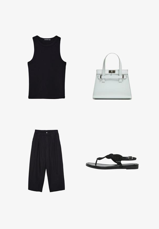 Črna majica brez rokavov iz bombaža, z okroglim izrezom in širokimi odprtinami za roke. Gladka tekstura s šivi na robovih. Klasičen, minimalističen dizajn.; Črne poliesterske culotte hlače z elastičnim pasom, dvema sprednjima nabiranjema in ohlapnim krojem. Brez vidnih vzorcev ali kovinskih detajlov.; Črne ravne sandale z pletenim trakom, nastavljivim zaponkom okoli gležnja in gladkim podplatom, ki spominja na usnje. Minimalističen dizajn s sleek silhueto.; Svetlo modra torbica z oblikovano zasnovo, dvema ročkama in kljuko iz srebrno-toniranega materiala. Teksturni material in ostri koti.
