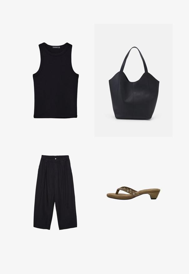 Sort tank top lavet af bomuld, med rund halsudskæring og brede armhuller. Glat tekstur med syede kanter. Klassisk, minimalistisk design.; Sorte polyester culotte bukser med elastisk talje, to forpiber og en løs silhuet. Ingen synlige mønstre eller hardware detaljer.; Brune ruskinds hælede sandaler med et minimalistisk design, der har en tynd rem med dekorative sølvstuds og en beskeden kegleklods.; Sort tote taske lavet af glat læder, med en buet, åben top, to skulderstropper og et minimalistisk design.