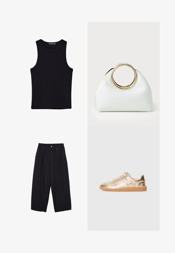 Czarny top na ramionczkach wykonany z bawełny, z okrągłym dekoltem i szerokimi wycięciami na ramionach. Gładka tekstura z przeszytymi brzegami. Klasyczny, minimalistyczny design.; Czarne spodnie culotte z poliestru z elastycznym pasem, dwoma fałdami z przodu i luźnym krojem. Brak widocznych wzorów lub elementów metalowych.; Niskie trampki z metalicznie złotą teksturowaną cholewką, beżowymi sznurówkami i gumową podeszwą, pokazane od zewnętrznej strony na białym tle.; Biała torebka wykonana z ekologicznej skóry z zaokrąglonym złotym metalowym uchwytem; miękka, strukturalna forma o minimalistycznym estetyce.