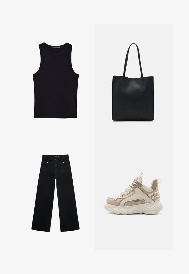 Czarny top na ramionczkach wykonany z bawełny, z okrągłym dekoltem i szerokimi wycięciami na ramionach. Gładka tekstura z przeszytymi brzegami. Klasyczny, minimalistyczny design.; Czarne, szerokie dżinsy z wysokim stanem, z dwoma przednimi kieszeniami i metalowymi guzikami. Tkanina ma gładką fakturę.; Buffalo CHAI beżowy; Czarna skórzana torba tote o gładkiej fakturze, prostokątnym kształcie i dwóch długich uchwytach. Brak widocznych elementów metalowych i ozdób.