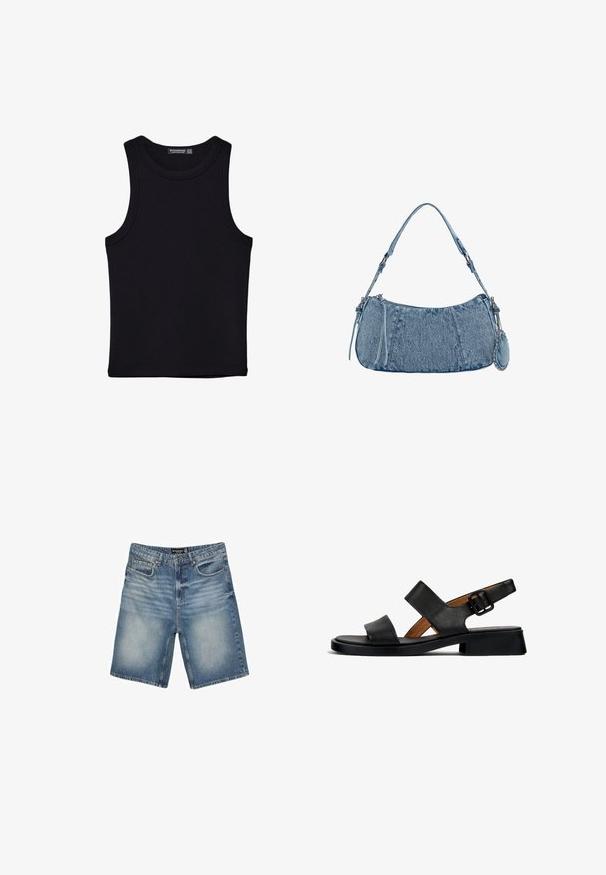 Svart linne i bomull, med rund halsringning och breda armhål. Slät yta med sydda fållar. Klassisk, minimalistisk design.; Denimshorts i ljusblått med midjeband och bälteshällor, fem fickor och en lätt urblekt finish för en sliten look.; Svarta lädersandaler med två horisontella remmar och en spännestraps kring ankeln. Platt, strukturerad sula med en lätt klack och en slät finish.; Denimhandväska med en rundad form, ljusblå färg, justerbar axelrem och en liten avtagbar ficka med metallaccenter.