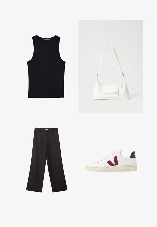 Černý top na ramínka vyrobený z bavlny, s kulatým výstřihem a širokými průramky. Hladká textura s prošitými lemy. Klasický, minimalistický design.; Černé široké kalhoty vyrobené z hladké tkaniny, s předním zipem a dvěma bočními kapsami, s dobře padnoucím střihem a minimalistickým designem.; Bílé kožené tenisky s burgundským 'V' logem, texturovanou gumovou podrážkou a námořnickým akcentem na patě; mají klasický design se šněrováním.; Bílá syntetická kabelka v trojúhelníkovém tvaru, s plochým předním klopným víkem a detailem mašle, nastavitelným popruhem, hladkým povrchem a minimalistickým designem.