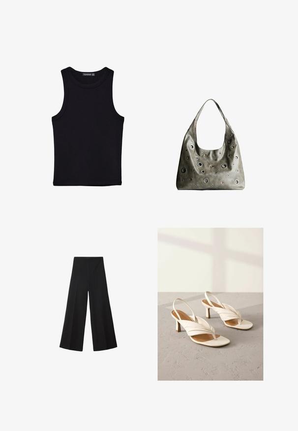 Débardeur noir en coton, avec un col rond et des emmanchures larges. Texture lisse avec des ourlets cousus. Design classique et minimaliste.; Pantalon noir à jambes larges en tissu lisse, avec une taille haute et des plis avant pour plus de volume. Aucune fermeture ni poche visible.; Talons slingback en cuir blanc avec un design avant torsadé, bout ouvert, et un talon bloc de hauteur moyenne. Texture lisse et accents minimaux.; Sac à main en cuir vert olive au design décontracté, avec des découpes circulaires de différentes tailles et des accents dans des teintes plus sombres et plus claires.