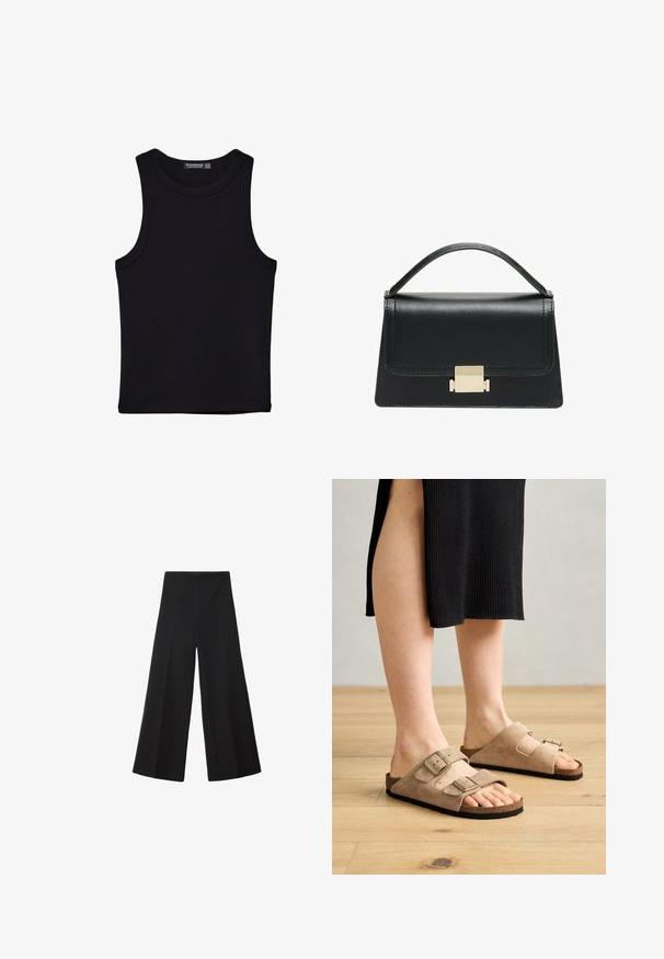 Crni top bez rukava od pamuka, s okruglim izrezom i širokim izrezima za ruke. Glatka tekstura s ušivenim rubovima. Klasičan, minimalistički dizajn.; Crne široke hlače izrađene od glatkog materijala, s visokim strukom i prednjim nabranicama za dodatni volumen. Bez vidljivih zatvarača ili džepova.; Bež suede sandale sa dva podesiva remena, pluta nožnim jastučićem i gumene potplate, prikazane na nogama na drvenoj podlozi.; Crna kožna torba s strukturiranim dizajnom, gornjom drškom i zlatnim metalnim kopčanjem na prednjoj strani. Glatka tekstura, minimalno šivanje.; Tri metalne prstenove raspoređene vertikalno: gornji je sjajni zlatni, srednji je četkani srebrni, a donji je polirani zlatni. Svi prstenovi su okrugli i glatki.
