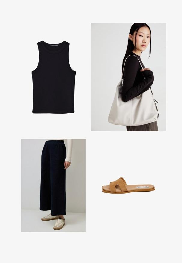 Canotta nera in cotone, caratterizzata da un colletto rotondo e ampi giromanica. Texture liscia con orli cuciti. Design classico e minimalista.; Pantaloni larghi blu navy con una cintura elastica e tasche laterali, abbinati a sneaker bianche con dettagli beige. Tessuto morbido.; Sandalo a scivolo in suede beige con due fasce larghe con dettagli a taglio, suola piatta e logo discreto sulla soletta.; Borsa a mano beige realizzata in materiale morbido, caratterizzata da un design morbido, dettagli cuciti e due manici. Adatta per l'uso quotidiano.