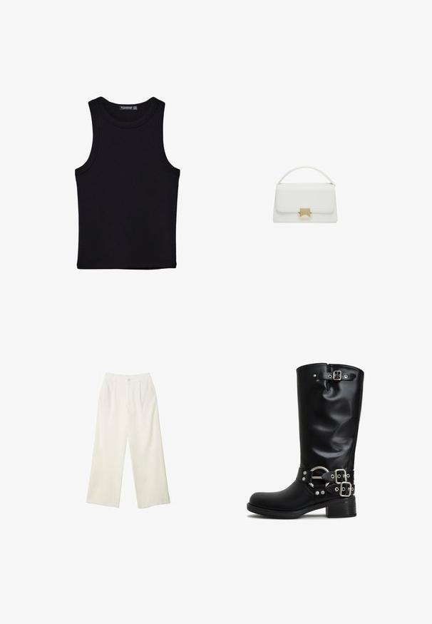 Schwarzes Tanktop aus Baumwolle mit rundem Halsausschnitt und weiten Armöffnungen. Glatte Textur mit genähten Säumen. Klassisches, minimalistisches Design.; Helle Stoffhose mit weitem Bein und glatter Textur, ausgestattet mit einem einzelnen Knopf vorne, dezenten Falten und einem Hochbund-Design.; Schwarze knöchelhohe Stiefel aus glattem synthetischem Material. Mit silberfarbigen Schnallen und einem Akzentring. Robuster Blockabsatz.; Weiße Lederhandtasche mit strukturiertem Design, ausgestattet mit einem oberen Griff und einem goldfarbenen Verschluss. Glatte Textur und minimalistische Akzente.