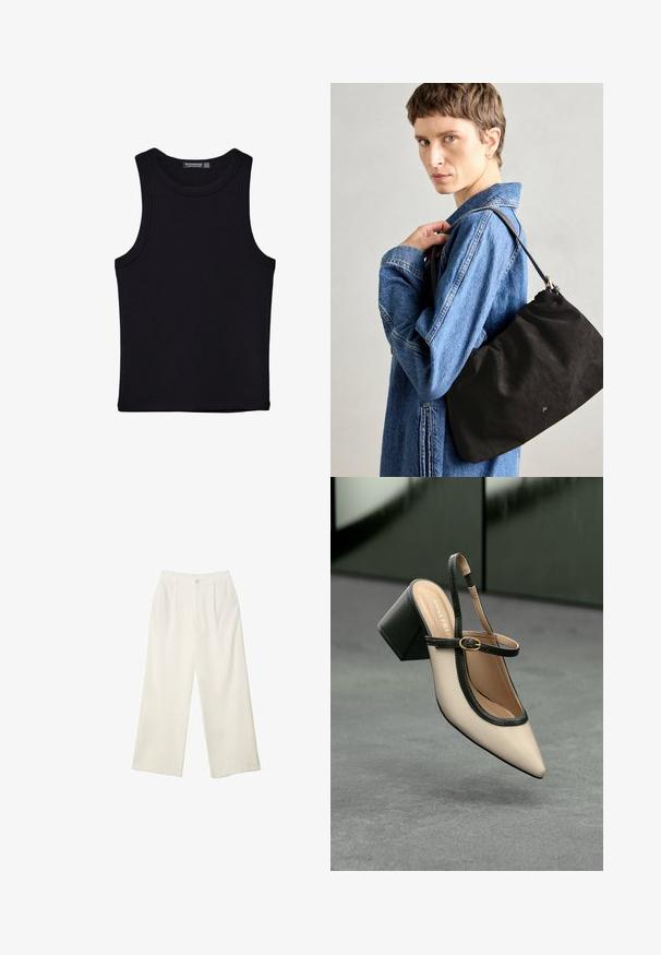 Canotta nera in cotone, caratterizzata da un colletto rotondo e ampi giromanica. Texture liscia con orli cuciti. Design classico e minimalista.; Pantaloni a gamba larga in tessuto crema con una texture liscia, caratterizzati da un singolo bottone frontale, pieghe sottili e un design a vita alta.; Scarpa beige con punta a stivale, con rifiniture nere, fibbia dorata e tacco a blocco spesso su un pavimento grigio con sfondo verde scuro.; Borsa a tracolla in suede nero con una forma morbida e strutturata, dotata di una tracolla in pelle sottile e un discreto logo del marchio. Il modello indossa una giacca di jeans.