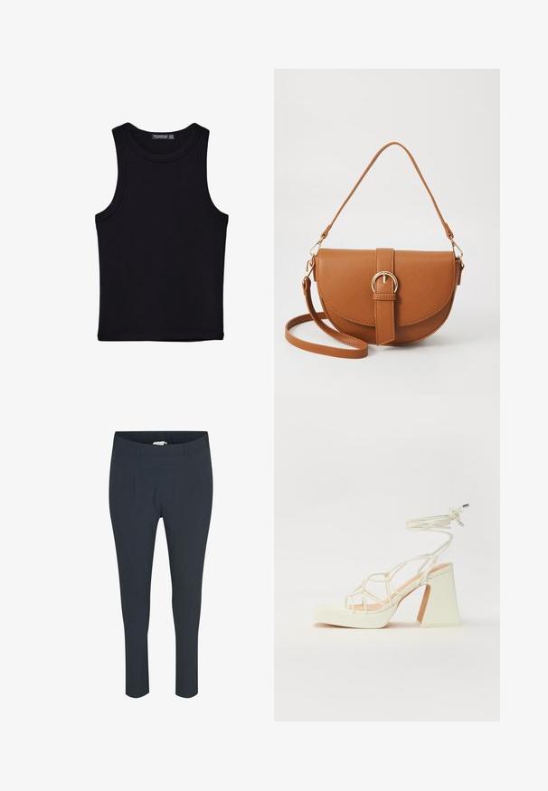Schwarzes Tanktop aus Baumwolle mit rundem Halsausschnitt und weiten Armöffnungen. Glatte Textur mit genähten Säumen. Klassisches, minimalistisches Design.; Marineblaue, taillierte Hose mit glatter Textur, die an der Vorderseite Falten und einen dehnbaren Bund für zusätzlichen Komfort aufweist.; Weiße High-Heel-Sandale mit einem klobigen Absatz, die über ein Riemchendesign und ein Knöchelband verfügt. Glatte Textur mit einer Plattform vorne für zusätzliche Höhe.; Braune Leder-Crossbody-Tasche mit geschwungener Form, goldfarbenen Beschlägen und einer Schnallenakzentuierung. Verfügt über einen abnehmbaren Schultergurt.