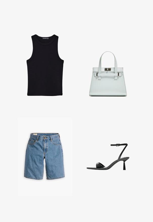 Musta hihaton paita, joka on valmistettu puuvillasta, ja jossa on pyöreä kaula-aukko sekä leveät kainaloaukot. Silkkinen pinta ja ommellut reunat. Klassinen, minimalistinen muotoilu.; Siniset farkkushortsit, joissa on klassinen viiden taskun muotoilu, vetoketjuluukku nappisuljin ja risat helmareunat.; Bershka Korolliset sandaalit - black; Vaaleansininen käsilaukku, jossa on jämäkkä muotoilu, kaksi kahvaa ja hopeanvärinen kiinnitys. Pinta on teksturoitu ja kulmat terävät.