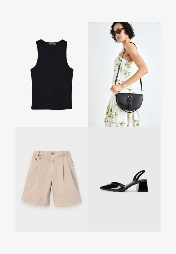 Crni top bez rukava od pamuka, s okruglim izrezom i širokim izrezima za ruke. Glatka tekstura s ušivenim rubovima. Klasičan, minimalistički dizajn.; Bež pamuk kratke hlače s plisiranim dizajnom, koje imaju dva prednja džepa, ravni kroj i zatvaranje na jedan gumb u struku.; Crne lakirane kožne sandale s otvorenom petom i špicastim vrhom, s geometrijskom blok petom. Imaju elegantan, minimalistički dizajn i glatku teksturu.; Crna kožna torba s lukovitim oblikom, odvojivim remenom i zlatnim detaljima. Torba ima preklop s kopčom.