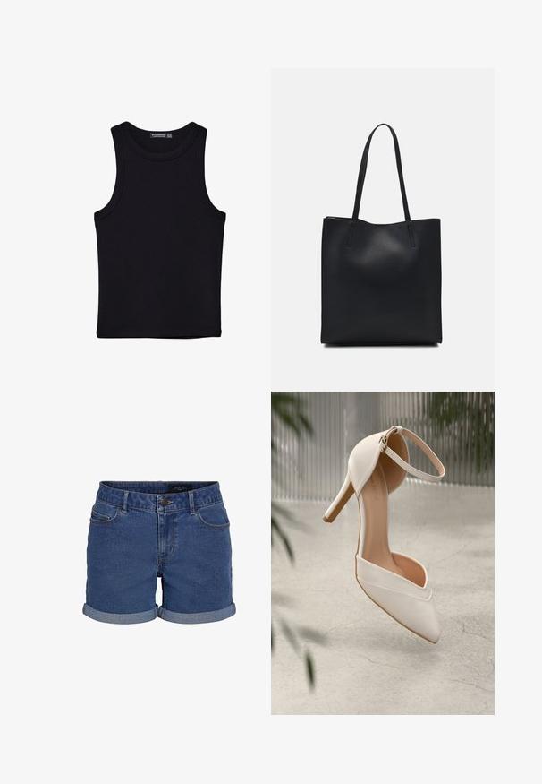 Črna majica brez rokavov iz bombaža, z okroglim izrezom in širokimi odprtinami za roke. Gladka tekstura s šivi na robovih. Klasičen, minimalističen dizajn.; Jeans šortki v temno modri barvi s klasičnim krojem. Imajo zavite robove, dva sprednja žepa in gumbasto zapiranje. Gladka tekstura.; Bele visoke petne čevlje iz gladkega materiala s koničastim nosom in gležnjenim trakom. Imajo svetlo tan notranjost in zlat ton dodatkov.; Črna usnjena torba s svilnato teksturo, pravokotne oblike in dvema dolgima ročajema. Brez vidnih metalnih delov ali okrasnih elementov.