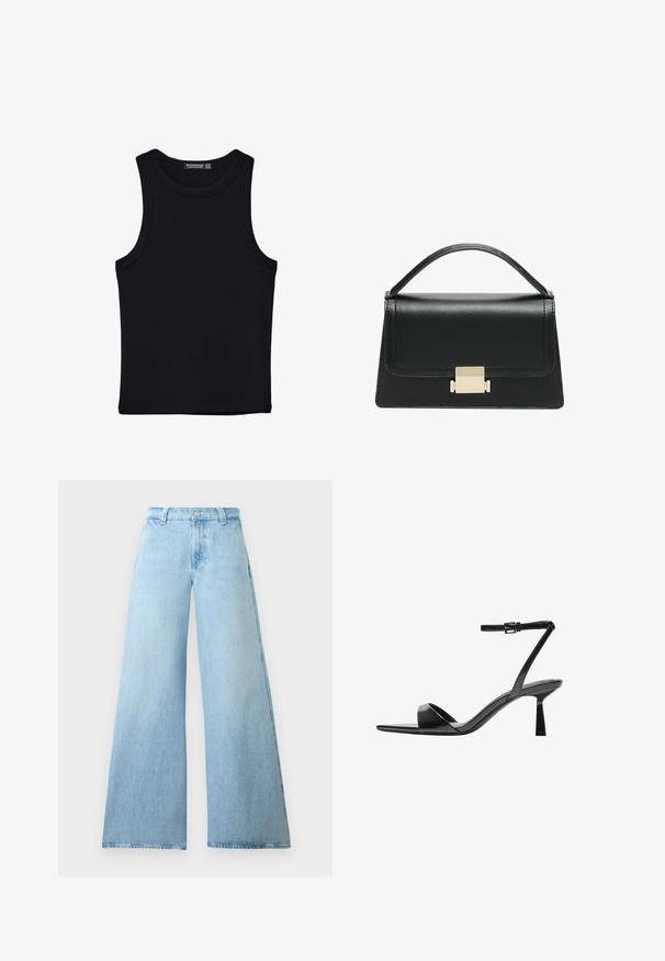 Črna majica brez rokavov iz bombaža, z okroglim izrezom in širokimi odprtinami za roke. Gladka tekstura s šivi na robovih. Klasičen, minimalističen dizajn.; Svetlo modri široki traper hlače z visokim pasom, z gumbom in petimi žepi. Gladka tekstura s sproščenim krojem.; Bershka Sandali z visoko peto - black; Črna usnjena torbica z strukturiranim dizajnom, zgornjim ročajem in zlate kovinske sponke na sprednji strani. Gladka tekstura, minimalno šivanje.
