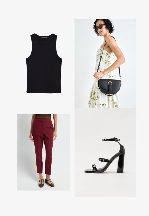 Canotta nera in cotone, caratterizzata da un colletto rotondo e ampi giromanica. Texture liscia con orli cuciti. Design classico e minimalista.; Pantaloni bordeaux su misura con taglio dritto, realizzati in un tessuto liscio e testurizzato, con dettaglio di piega frontale. Indossati con calzature marroni.; Sandali con tacco alto in vernice nera con due cinturini con fibbia, punta quadrata e tacco spesso a blocco, caratterizzati da una texture liscia e lucida.; Borsa a tracolla nera in pelle con una forma curva, manico rimovibile e accessori dorati. La borsa presenta una patta con un dettaglio a fibbia.