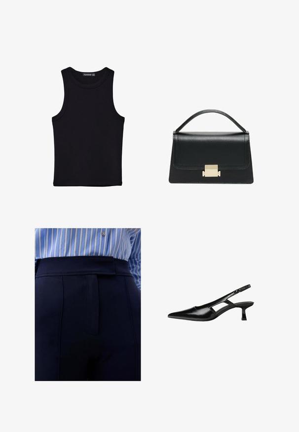 Svart linne i bomull, med rund halsringning och breda armhål. Slät yta med sydda fållar. Klassisk, minimalistisk design.; Scalpers SUN - Tygbyxor - navy; Svart lackläder slingback-klackar med spetsig tå, utskuren sidor och en liten fyrkantig klack. Slät textur med minimala accenter.; Svart läderhandväska med en strukturerad design, handtag upptill och en detalj i guldmetalllås på framsidan. Slät yta, minimal sömnad.