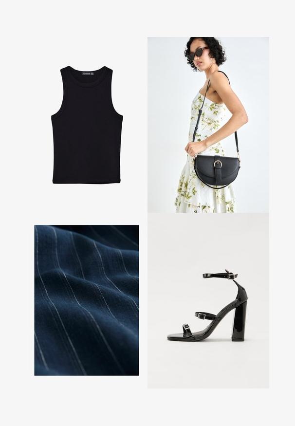 Musta hihaton paita, joka on valmistettu puuvillasta, ja jossa on pyöreä kaula-aukko sekä leveät kainaloaukot. Silkkinen pinta ja ommellut reunat. Klassinen, minimalistinen muotoilu.; Laivastonsininen kangas, jossa on hienoja valkoisia pystyraitoja, näyttää sileältä ja hieman kiiltävältä, taitettuna korostamaan sen laskostumista ja pehmeyttä.; Musta kiiltäväpintainen korkokengät, joissa on kaksi solkikiinnitystä, neliönmuotoinen kärki ja paksu korko, sileällä, kiiltävällä pintarakenteella.; Musta nahkainen käsilaukku, joka on kaareva muotoilultaan, irrotettavalla hihnalla ja kultaisilla yksityiskohdilla. Laukussa on läppä, jossa on solk yksityiskohta.