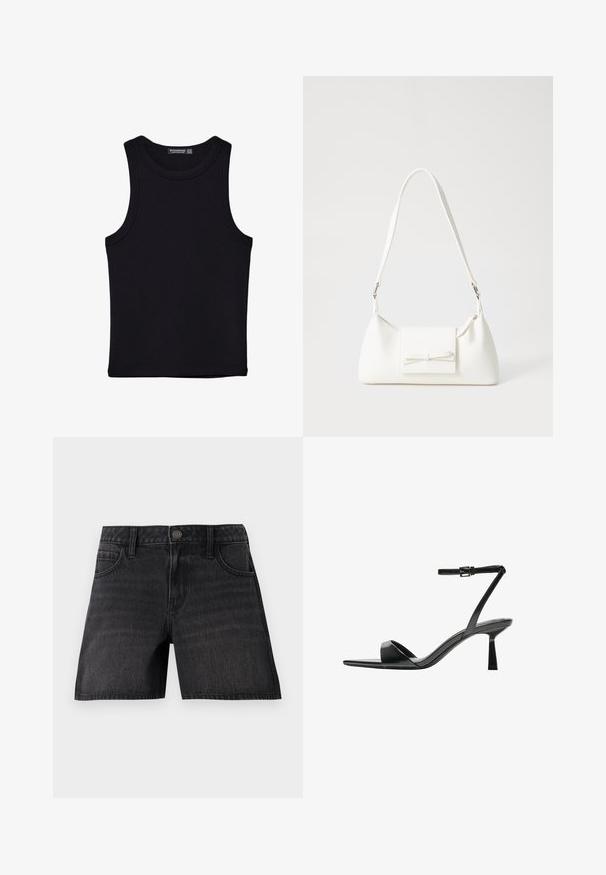 Crni top bez rukava od pamuka, s okruglim izrezom i širokim izrezima za ruke. Glatka tekstura s ušivenim rubovima. Klasičan, minimalistički dizajn.; Crni traper šorts s klasičnim krojem, opremljen pet džepova, zatvaranjem na dugme i suptilnim izbljedenjem u teksturi tkanine.; Bershka Sandale s visokom petom - black; Bijela sintetička torbica s trokutastim oblikom, ravnim prednjim poklopcem i detaljem u obliku mašne, podesivom remenom, glatkom teksturom i minimalističkim dizajnom.