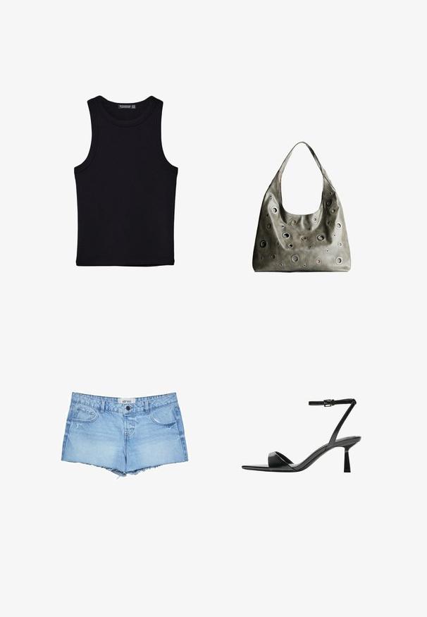 Crni top bez rukava od pamuka, s okruglim izrezom i širokim izrezima za ruke. Glatka tekstura s ušivenim rubovima. Klasičan, minimalistički dizajn.; Svijetloplave traper šorts hlače s frizurama na rubu, koje sadrže pet džepova, prednje zatvaranje na gumbe i brendiranu oznaku na pojasu.; Bershka Sandale s visokom petom - black; Maslinasto zeleni kožni ručni kovčeg s opuštenim dizajnom, s raznim kružnim izrezima različitih veličina i naglascima u tamnijim i svjetlijim nijansama.