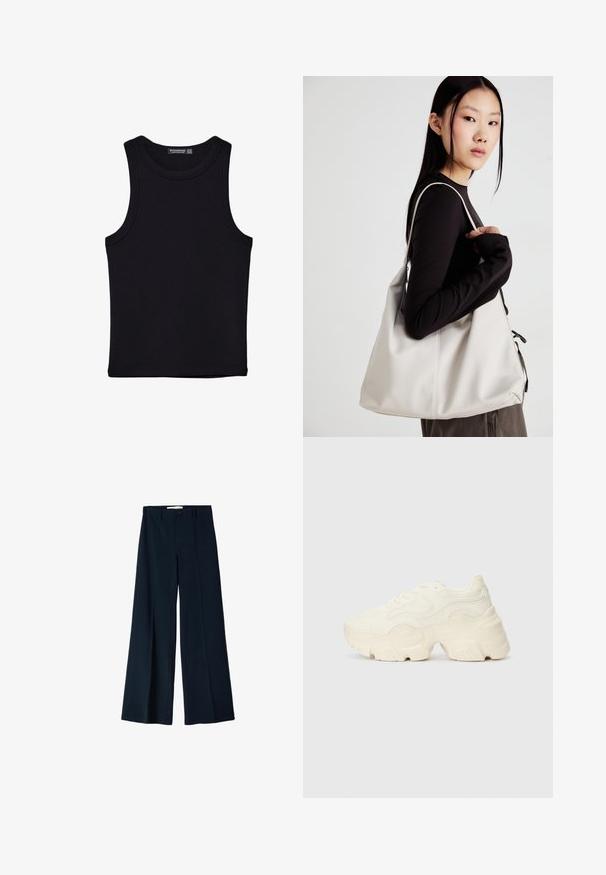 Černý top na ramínka vyrobený z bavlny, s kulatým výstřihem a širokými průramky. Hladká textura s prošitými lemy. Klasický, minimalistický design.; Námořnické široké kalhoty vyrobené z hladké tkaniny, s dvěma předními sklady a jedním knoflíkem na zapínání v pase.; Chunky bílé tenisky vyrobené z texturované síťoviny a syntetických materiálů, s tlustou podrážkou a složitými vzorovými detaily podél stran.; Beige kabelka vyrobená z měkkého materiálu, s volným designem, prošívanými detaily a dvěma ramenními popruhy. Vhodná pro každodenní použití.