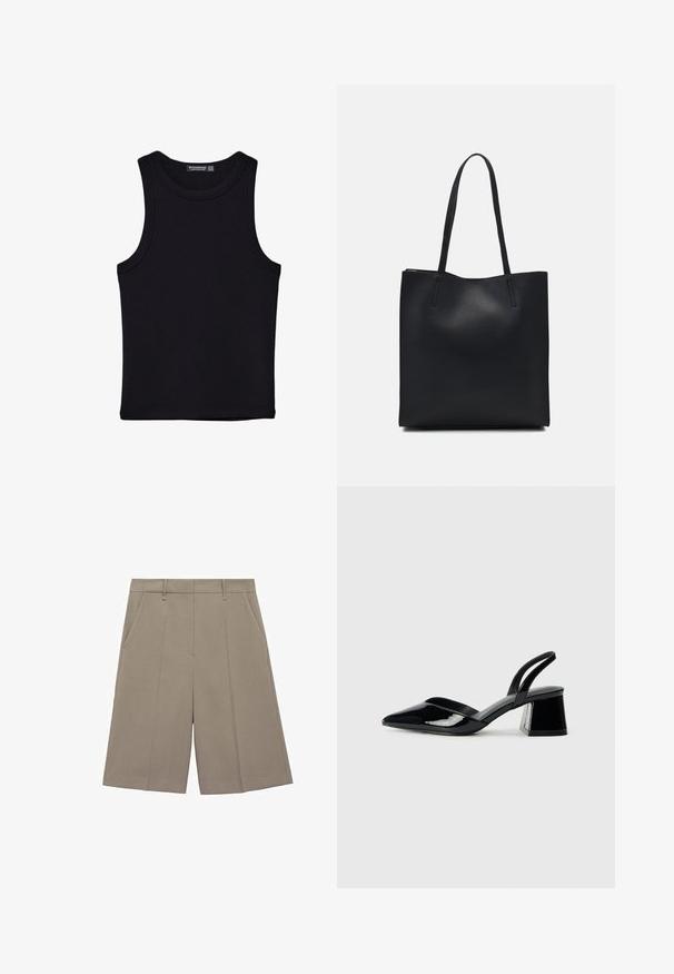 Schwarzes Tanktop aus Baumwolle mit rundem Halsausschnitt und weiten Armöffnungen. Glatte Textur mit genähten Säumen. Klassisches, minimalistisches Design.; Beige Faltenshorts mit geradem Schnitt, ausgestattet mit Gürtelschlaufen und seitlichen Taschen. Hergestellt aus glattem, leichtem Stoff.; Schwarze Lackleder-Slingback-High Heels mit spitzem Schuh und einem geometrischen Blockabsatz. Verfügt über ein schlankes, minimalistisches Design und eine glatte Textur.; Schwarze Laptoptasche aus Leder mit glatter Textur, rechteckiger Form und zwei langen Griffen. Keine sichtbaren Beschläge oder Verzierungen.