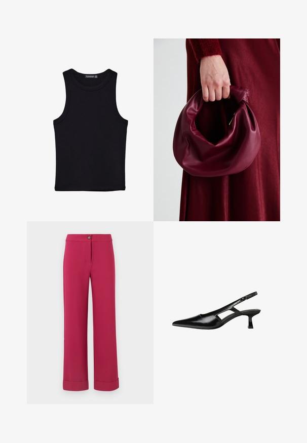 Črna majica brez rokavov iz bombaža, z okroglim izrezom in širokimi odprtinami za roke. Gladka tekstura s šivi na robovih. Klasičen, minimalističen dizajn.; Fuksija široke hlače z gladko teksturo, ki imajo sprednjo zaponko in zložene manšete na robu.; Črne patentični usnjeni salonarji s slingback designom, z zašiljenim nosom, izrezanim stranskim dizajnom in majhnim kvadratnim peto. Gladka tekstura z minimalnimi detajli.; Bordo usnjeni ročni torbici s mehak, nabrana zasnova in okrogla oblika. Ročaj je varen in prikazuje gladko teksturo.