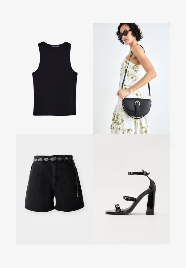 Črna majica brez rokavov iz bombaža, z okroglim izrezom in širokimi odprtinami za roke. Gladka tekstura s šivi na robovih. Klasičen, minimalističen dizajn.; Črni denim kratke hlače z visokim pasom, sprednjimi žepi in okrasnim srebrnim verižnim pasom z ovalnimi detajli. Gladka tekstura.; Črne lakaste sandale z visokimi petami, z dvema trakovoma z zaponkama, kvadratnim sprednjim delom in masivno širšo peto, z gladko, sijočo teksturo.; Črna usnjena torbica s ukrivljeno obliko, z odstranljivo naramnico in zlatimi dodatki. Torbica ima pokrov s podrobnostmi v obliki zaponke.