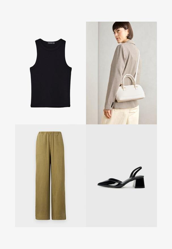 Crni top bez rukava od pamuka, s okruglim izrezom i širokim izrezima za ruke. Glatka tekstura s ušivenim rubovima. Klasičan, minimalistički dizajn.; Kaki široke hlače s elastičnim pojasom, izrađene od mekanog pamučnog materijala. Imaju bočne proreze i ravni kroj, što osigurava opuštenu fitu.; Crne lakirane kožne sandale s otvorenom petom i špicastim vrhom, s geometrijskom blok petom. Imaju elegantan, minimalistički dizajn i glatku teksturu.; Bijela strukturna torba s kratkim ručkama i remenom za rame, s zlatnim metalnim detaljima i teksturiranim materijalom, prikazana na sivoj pozadini.