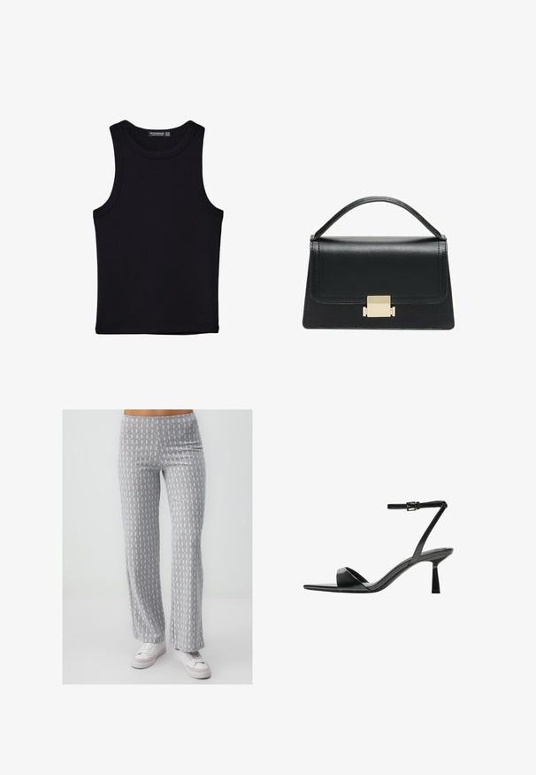 Débardeur noir en coton, avec un col rond et des emmanchures larges. Texture lisse avec des ourlets cousus. Design classique et minimaliste.; Pantalons larges à motifs gris avec une texture douce, présentant un design répétitif bleu clair et marron. Associés à des baskets blanches.; Bershka Sandales à talons hauts - black; Sac à main en cuir noir au design structuré, avec une poignée supérieure et un détail de fermoir en métal doré à l'avant. Texture lisse, couture minimale.