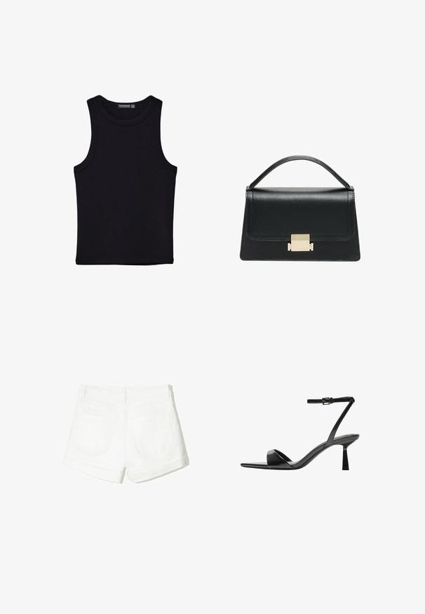 Črna majica brez rokavov iz bombaža, z okroglim izrezom in širokimi odprtinami za roke. Gladka tekstura s šivi na robovih. Klasičen, minimalističen dizajn.; Bele kratke bele kavbojke z zavitim robom, dvema zadnjima žepoma in gladko teksturo. Preprost dizajn brez vidne opreme ali vzorcev.; Bershka Sandali z visoko peto - black; Črna usnjena torbica z strukturiranim dizajnom, zgornjim ročajem in zlate kovinske sponke na sprednji strani. Gladka tekstura, minimalno šivanje.