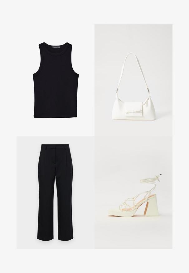 Crni top bez rukava od pamuka, s okruglim izrezom i širokim izrezima za ruke. Glatka tekstura s ušivenim rubovima. Klasičan, minimalistički dizajn.; Crne krojene hlače ravnog kroja, s pojasom, nabranim prednjim dijelom i bočnim džepovima. Izrađene od glatkog materijala.; Bijela sandala na visokoj potpetici s debelim petom, s remenom i vezanjem oko gležnja. Glatka tekstura s platformom sprijeda za dodatnu visinu.; Bijela sintetička torbica s trokutastim oblikom, ravnim prednjim poklopcem i detaljem u obliku mašne, podesivom remenom, glatkom teksturom i minimalističkim dizajnom.
