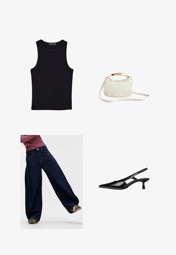 Black tank top made of cotton, featuring a round neckline and wide armholes. Smooth texture with stitched hems. Classic, minimalist design.; Dark blue wide-leg jeans made of denim, featuring contrast stitching, a front pocket, and a buttoned waistband. Textured fabric visible.; Black patent leather slingback heels with a pointed toe, cut-out side design, and a small square heel. Smooth texture with minimal accents.; White woven leather handbag with a gold-tone handle, detachable shoulder strap, and rounded base. Features a zip closure on top.