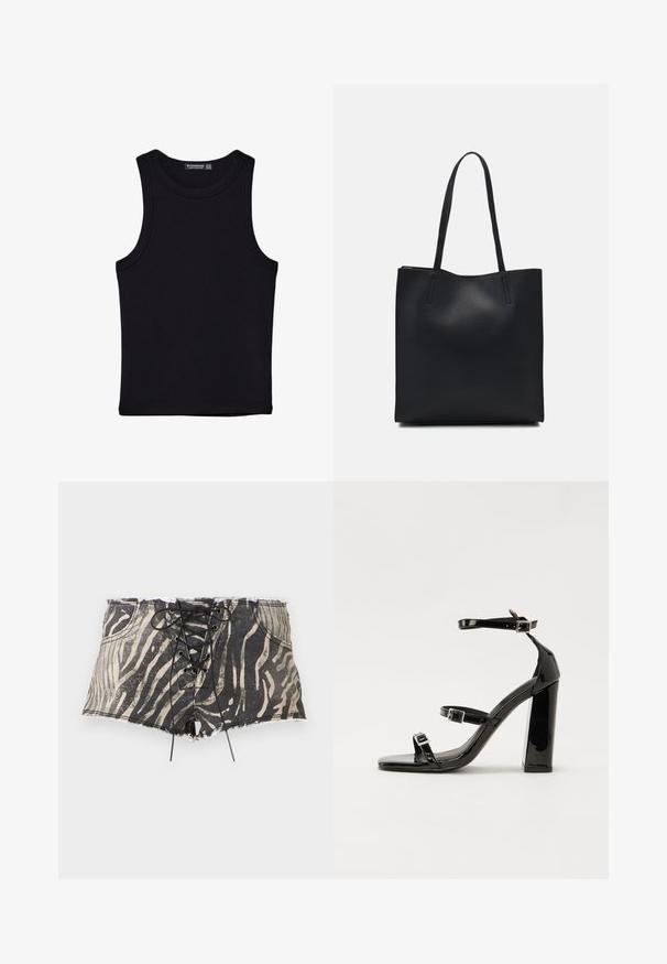 Black tank top made of cotton, featuring a round neckline and wide armholes. Smooth texture with stitched hems. Classic, minimalist design.; Denim shorts with a black and beige zebra print, featuring a lace-up front, frayed hem, and pockets on each side.; Black patent high-heeled sandals with two buckle straps, square toe, and a chunky block heel, featuring a smooth, glossy texture.; Black leather tote bag with smooth texture, rectangular shape, and two long handles. No visible hardware or embellishments.
