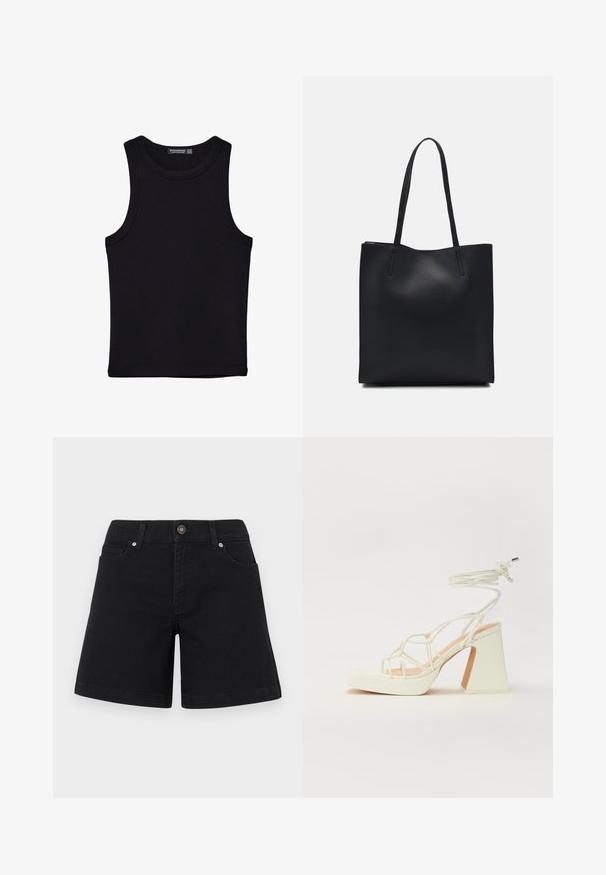 Crni top bez rukava od pamuka, s okruglim izrezom i širokim izrezima za ruke. Glatka tekstura s ušivenim rubovima. Klasičan, minimalistički dizajn.; Crne traper šortse s ravnim krojem, prednjim džepovima i kopčanjem na gumu u struku. Glatka tekstura i minimalistički stil.; Bijela sandala na visokoj potpetici s debelim petom, s remenom i vezanjem oko gležnja. Glatka tekstura s platformom sprijeda za dodatnu visinu.; Crna kožna torba za nošenje s glatkom teksturom, pravokutnim oblikom i dvije duge ručke. Nema vidljivih metalnih dijelova ili ukrasa.