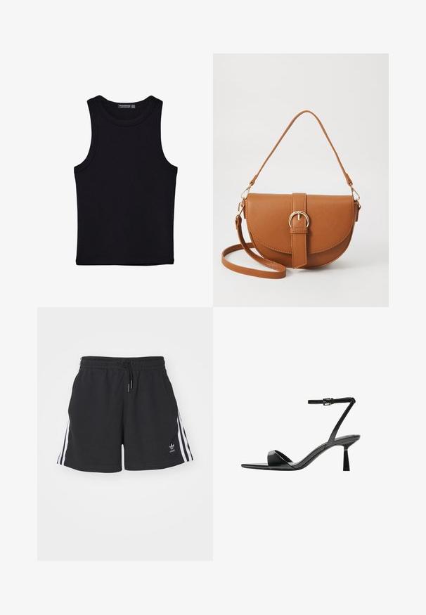 Črna majica brez rokavov iz bombaža, z okroglim izrezom in širokimi odprtinami za roke. Gladka tekstura s šivi na robovih. Klasičen, minimalističen dizajn.; Črne atletske kratke hlače iz mešanice bombaža, z belimi stranskimi črtami, elastičnim pasom z vrvico in majhnim logotipom na robu.; Bershka Sandali z visoko peto - black; Rjava usnjena torbica prek telesa s ukrivljeno obliko, zlate opreme in sponko. Ima odstranljiv naramni trak.