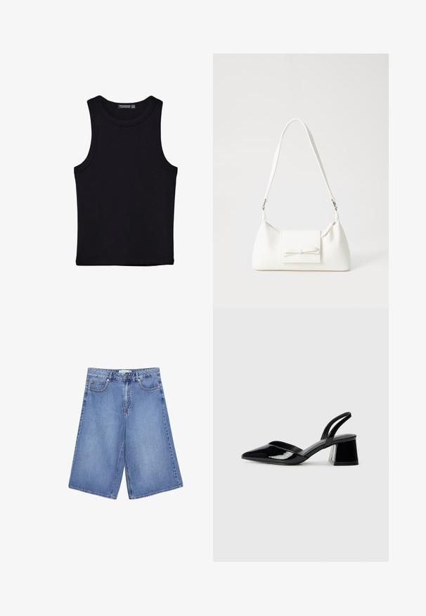 Musta hihaton paita, joka on valmistettu puuvillasta, ja jossa on pyöreä kaula-aukko sekä leveät kainaloaukot. Silkkinen pinta ja ommellut reunat. Klassinen, minimalistinen muotoilu.; Vaaleansiniset farkku culottes, joissa on leveät lahkeet, viisi taskua, nappikiinnitys ja hillitty haalistuminen.; Mustat patentoitu nahkakengät, joissa on säären takaosa ja terävä kärki, sekä geometrinen palikkakorko. Sisältää tyylikkään, minimalistisen muotoilun ja sileän pinnan.; Valkoinen synteettinen käsilaukku, jossa on kolmikulmainen muoto, tasainen etu läppä ja nauhadetail, säädettävä olkahihna, sileä rakenne ja minimalinen muotoilu.