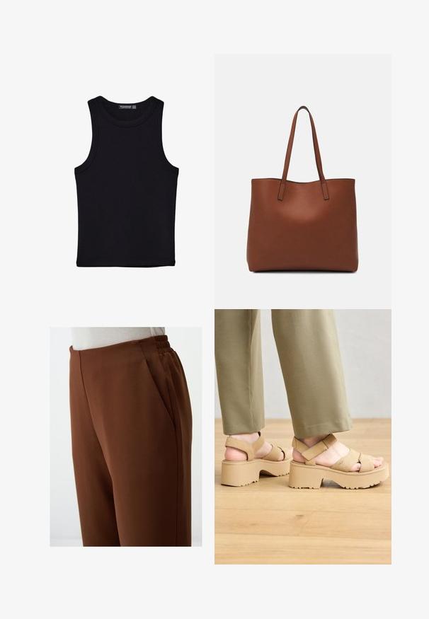 Black tank top made of cotton, featuring a round neckline and wide armholes. Smooth texture with stitched hems. Classic, minimalist design.; Brown high-waisted trousers with a smooth texture, featuring side pockets and an elasticated waistband for comfort.; Beige suede platform sandals with wide straps and a chunky sole. Features adjustable back strap and textured tread for grip.; Brown leather tote bag with a smooth texture, open top design, and two shoulder straps. Features minimal stitching and no visible hardware.