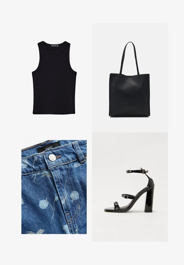Crni top bez rukava od pamuka, s okruglim izrezom i širokim izrezima za ruke. Glatka tekstura s ušivenim rubovima. Klasičan, minimalistički dizajn.; Denim tkanina u svijetloplavoj boji, s cvjetnim uzorkom. Uključuje zatvaranje na srebrni gumb i svijetlosmeđe šavove. Vidljiva oznaka marke.; Crne lakirane sandale na visoku petu s dva remena s kopčama, kvadratnim vrhom i masivnom blok petom, s glatkom, sjajnom teksturom.; Crna kožna torba za nošenje s glatkom teksturom, pravokutnim oblikom i dvije duge ručke. Nema vidljivih metalnih dijelova ili ukrasa.