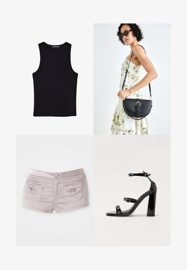 Černý top na ramínka vyrobený z bavlny, s kulatým výstřihem a širokými průramky. Hladká textura s prošitými lemy. Klasický, minimalistický design.; Světlé fialové šortky vyrobené z hladkého, lesklého materiálu, se dvěma zadními kapsami a předním zapínáním na knoflík s plochým pasem.; Černé lakované sandály na vysokém podpatku se dvěma pásky se sponami, čtvercovou špičkou a robustním blokovým podpatkem, s hladkou, lesklou texturou.; Černá kožená kabelka s křivkovým tvarem, odnímatelným popruhem a zlatými detaily. Kabelka má klopu s přezkou.
